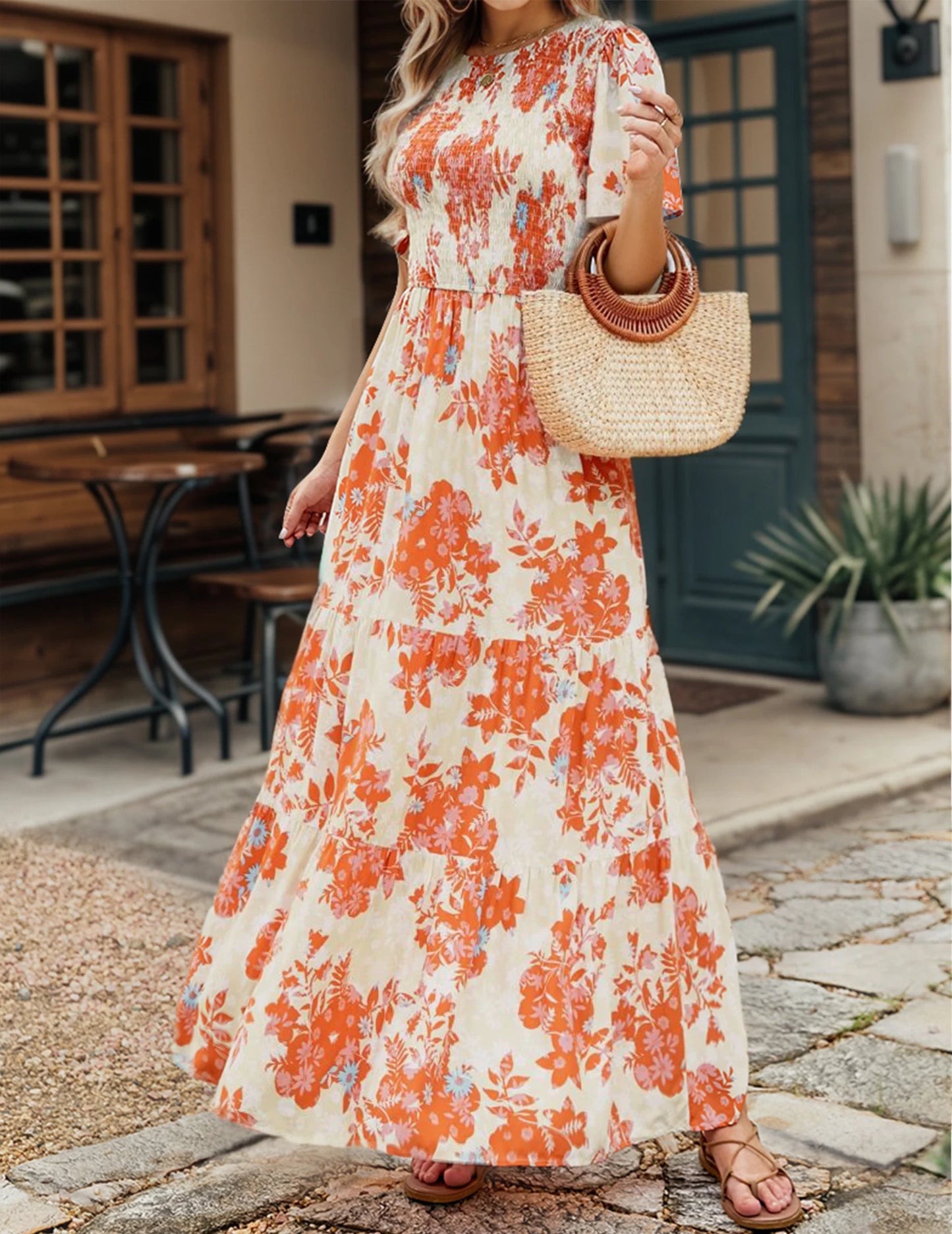 Casual Pastoral Style Floral Print Dress Long, Crewneck Short Sleeves High Waist Wide Ruffle Hem, Woman's Clothing