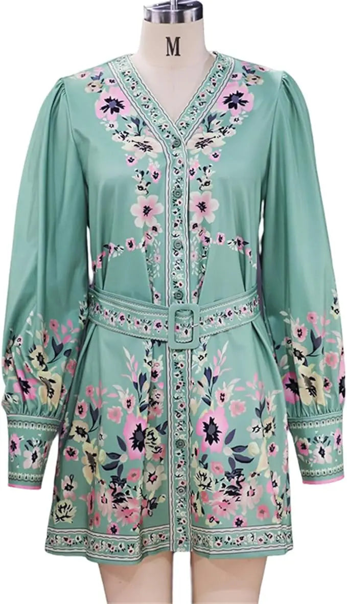 Women's Boho Floral Print V-Neck Dress - Lantern Long Sleeves, A-Line with Belt - Lightweight Polyester Spring/Summer Casual Max