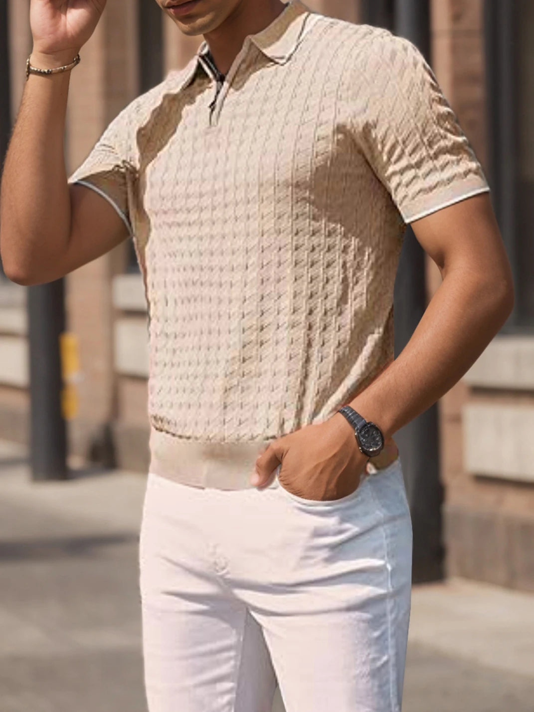 Men's knitted short-sleeved half-zip lapel sweater