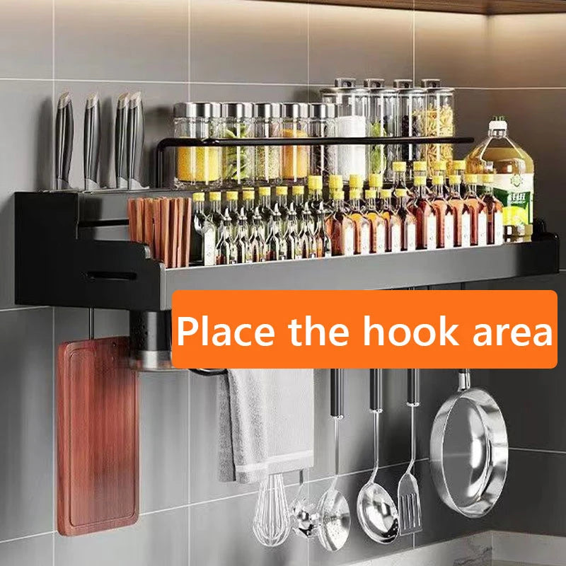 1pc wall-mounted metal kitchen rack, non-perforated kitchen storage rack, it has a knife rack and a hook for tableware
