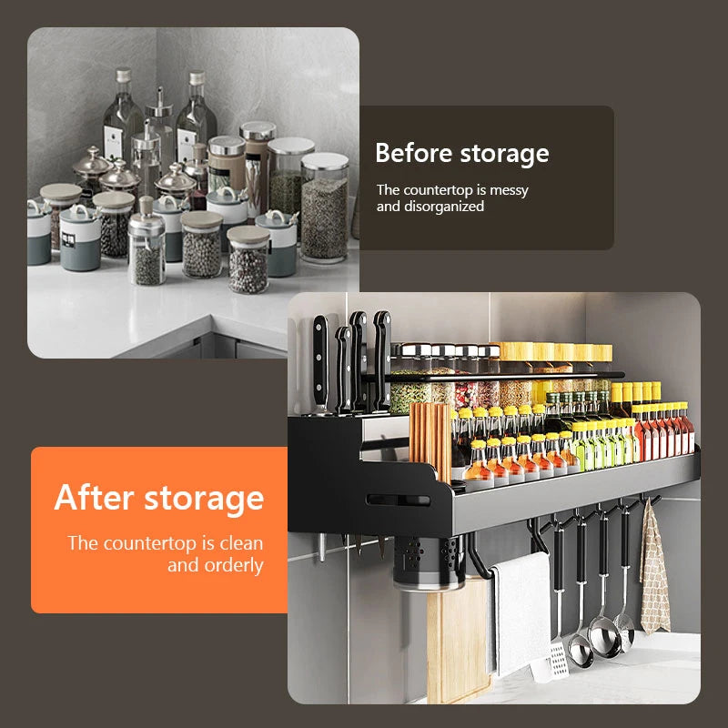 1pc wall-mounted metal kitchen rack, non-perforated kitchen storage rack, it has a knife rack and a hook for tableware