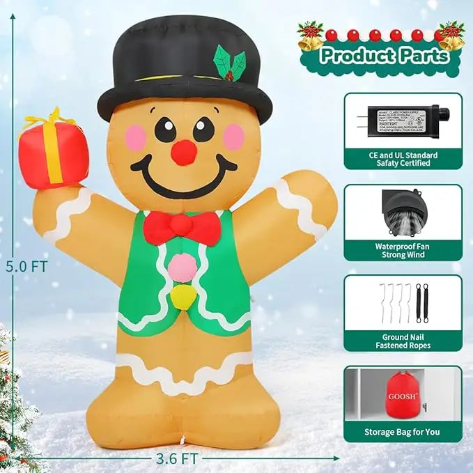GOOSH 5 FT Christmas Inflatables Gingerbread Man Outdoor Christmas Decorations Blow Up Yard Decor with LED Lights