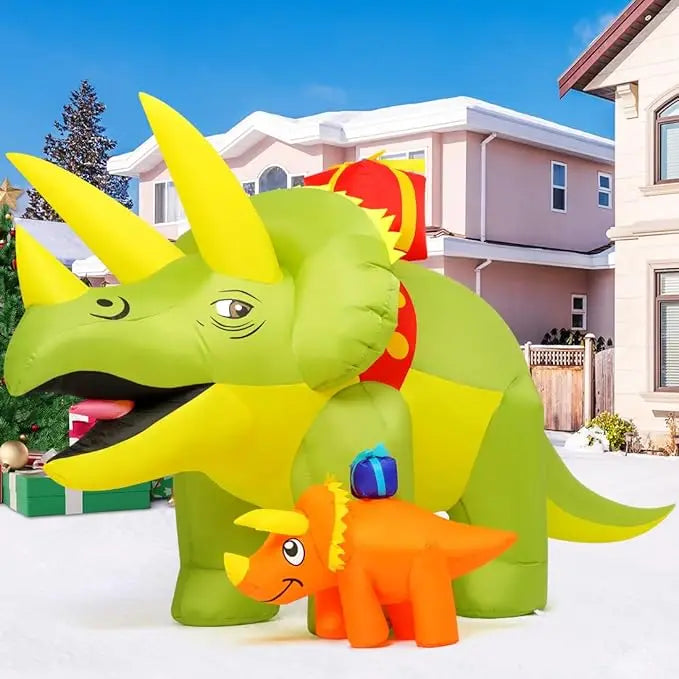 GOOSH 7.5 FT Length Christmas Inflatables Dinosaur Outdoor Decorations Blow Up Green Triceratops with Baby Dino Yard Decorations