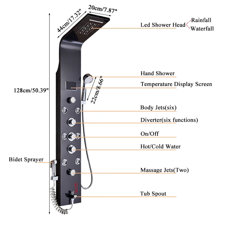 Luxury Bathroom Shower Panel Waterfall Rainfall Shower Head Hot Cold Mixer Tap Bidet Faucet with Handshower Massage Jets Spout