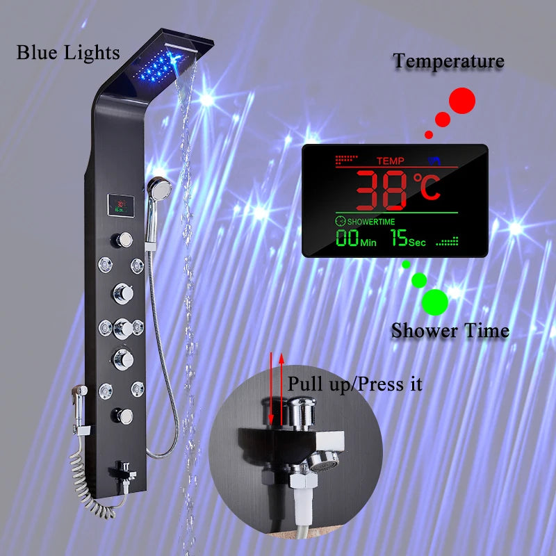 Luxury Bathroom Shower Panel Waterfall Rainfall Shower Head Hot Cold Mixer Tap Bidet Faucet with Handshower Massage Jets Spout