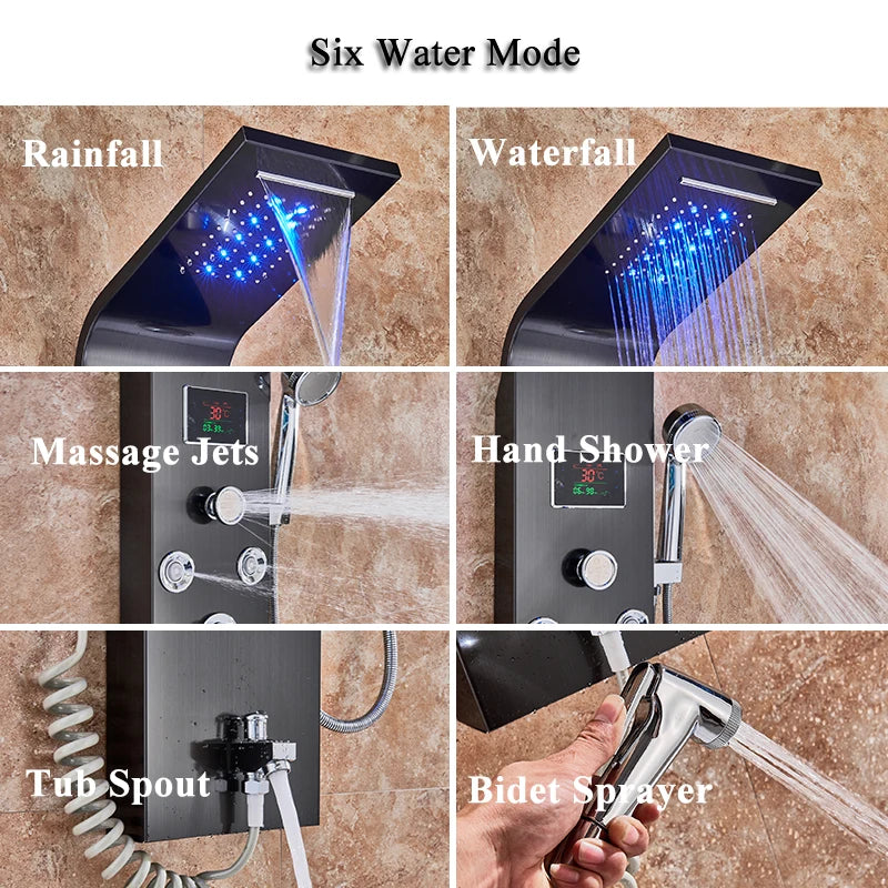 Luxury Bathroom Shower Panel Waterfall Rainfall Shower Head Hot Cold Mixer Tap Bidet Faucet with Handshower Massage Jets Spout
