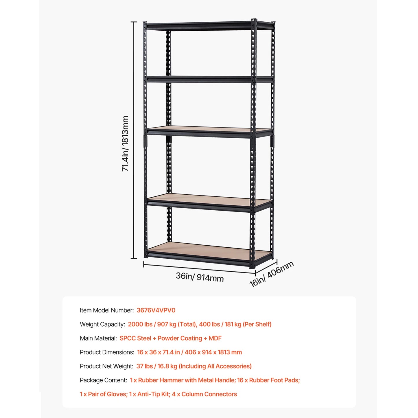 VEVOR 5 Tier Metal Garage Shelf Units 400lbs Per Shelf with Height Adjustable Storage Shelving for Warehouse Workshop Office