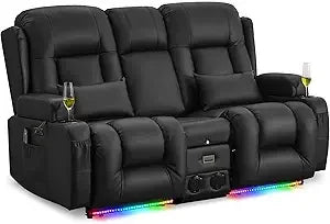 Power Loveseat Recliner Sofa with Vibrating Massage and Heat, Home Theater Seating RV Couch with Flipped Backrest Console, LED L