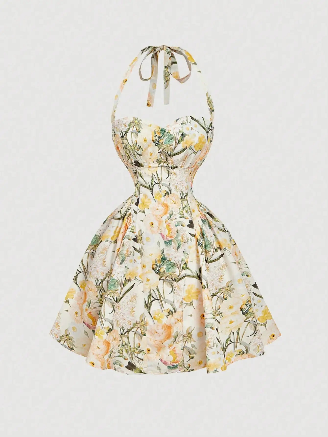 Romantic Floral Print Halter Dress For Women Summer Mini Dress A-Line Fit And Flare