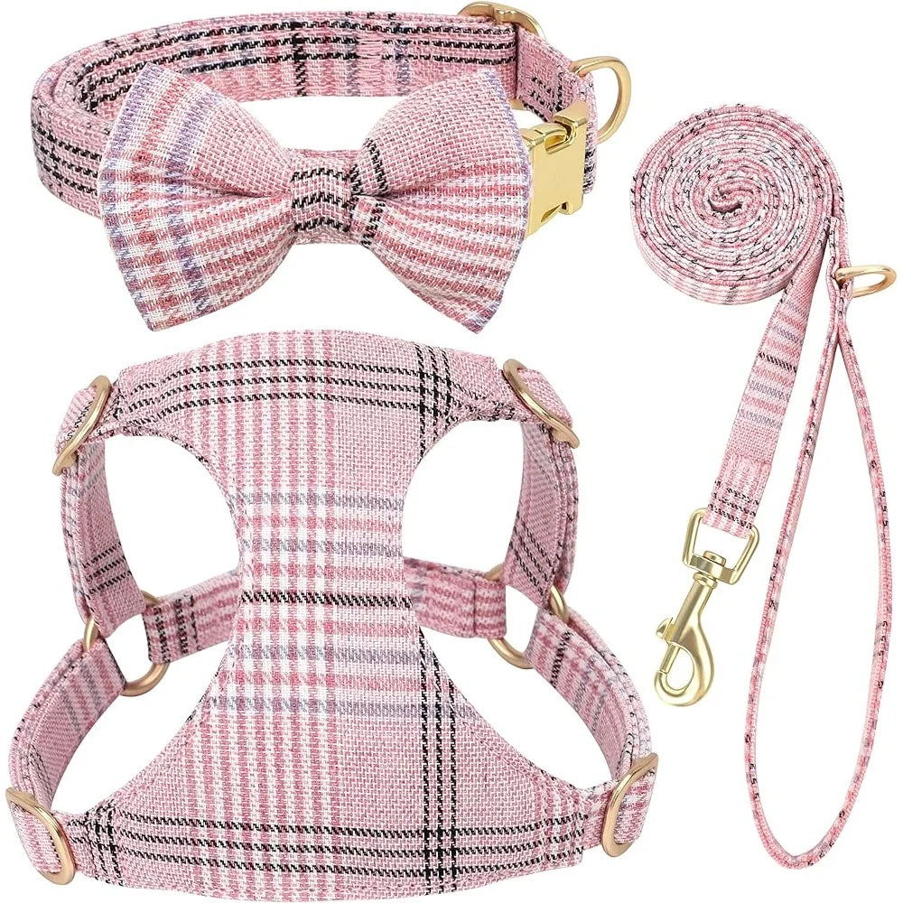 Cute Small Dog Harness Collar Leash Set Adjustable Soft Plaid Design XS Dogs Cats Perfect Walks Parties