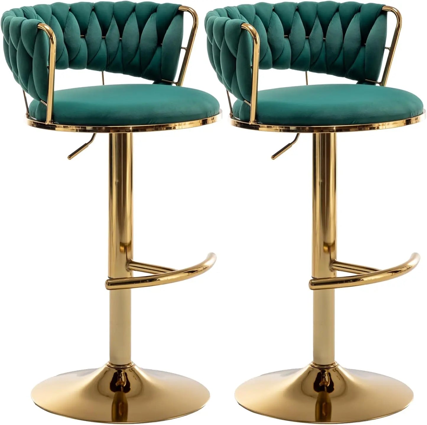 Gold Bar Stools Set of 4, Velvet Swivel Barstools with Woven Backrest, Adjustable Bar Chairs for Kitchen Island, Dining Room