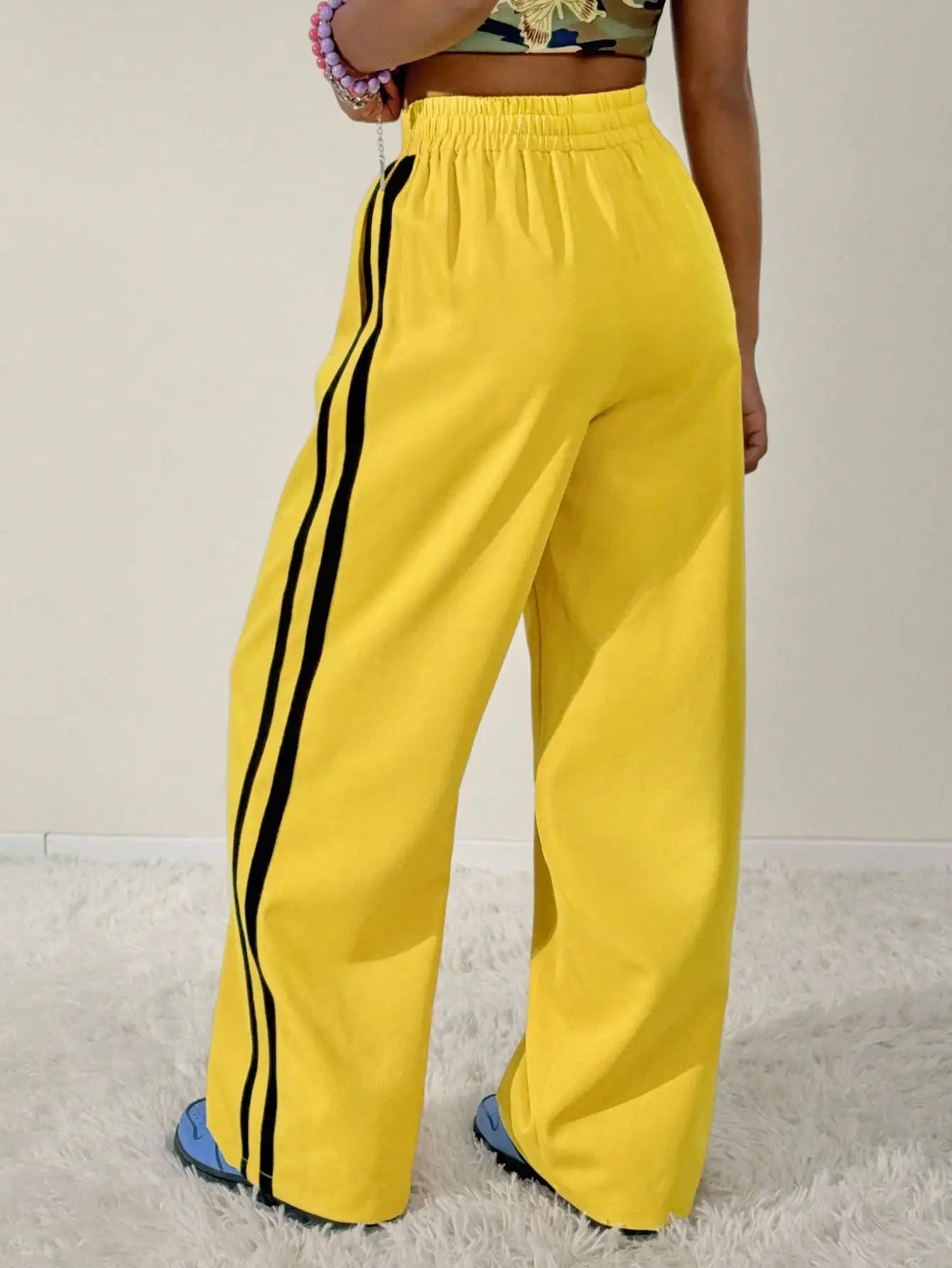 Kids Girls Bright Yellow Loose Fit Straight Leg Pants with Side Stripes, Camo Crop Top Set