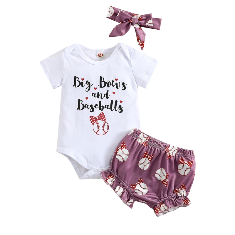 3 Pcs Newborn Casual Outfits Toddler Letter Print Short Sleeve Round Neck Bodysuit Baseball Print Shorts Bow Headband