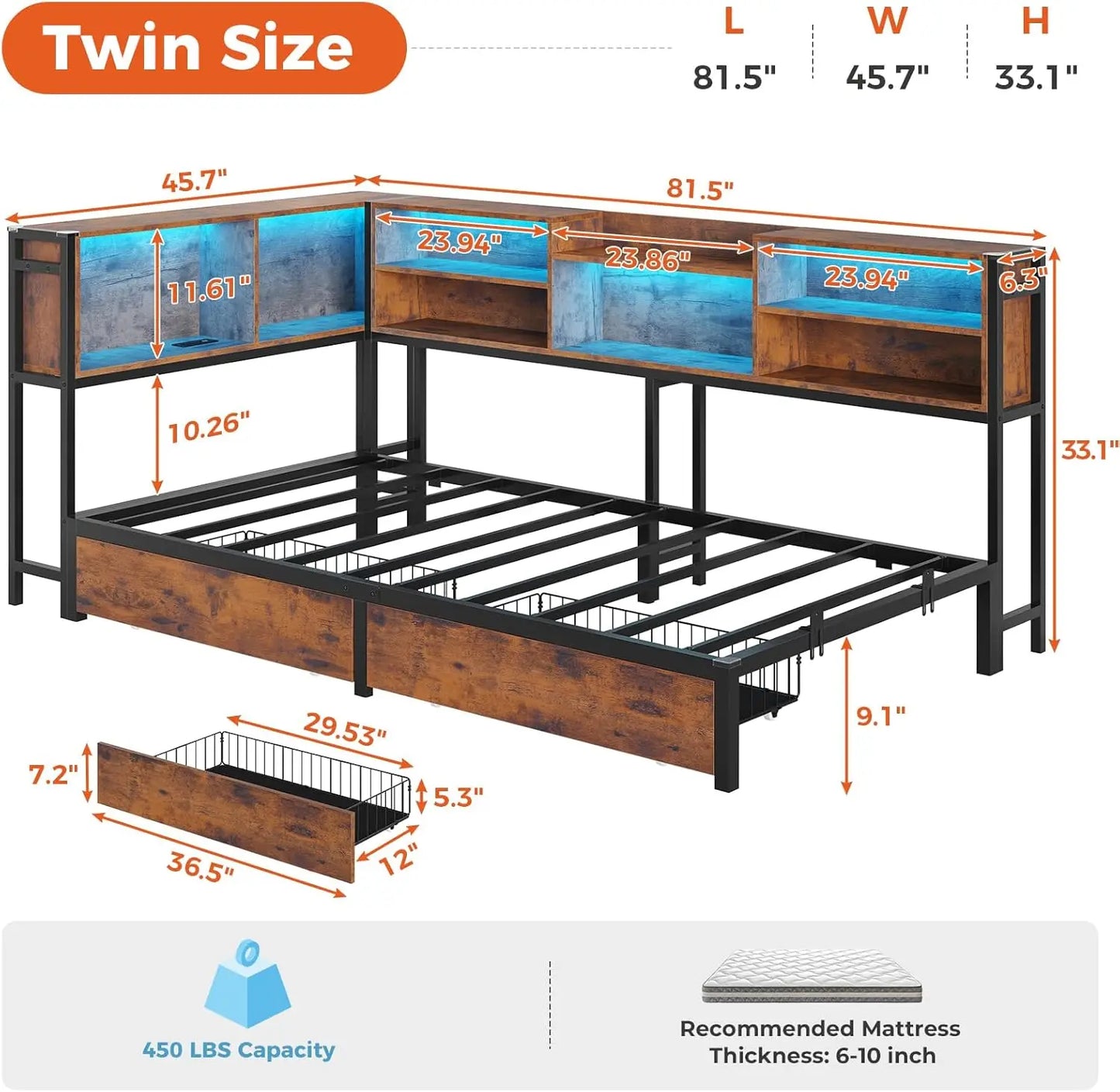 Twin Size Corner Bed Frame with Bookcase Storage and Led Lights Metal Platform Beds with 2 Drawers and Charging Station
