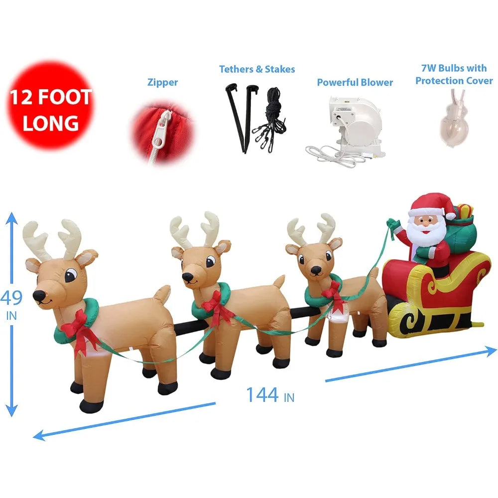 Hot Sale.12 Foot Long Lighted Christmas Inflatable Santa Claus on Sleigh with 3 Reindeer and Christmas Tree Yard Decoration-NEW