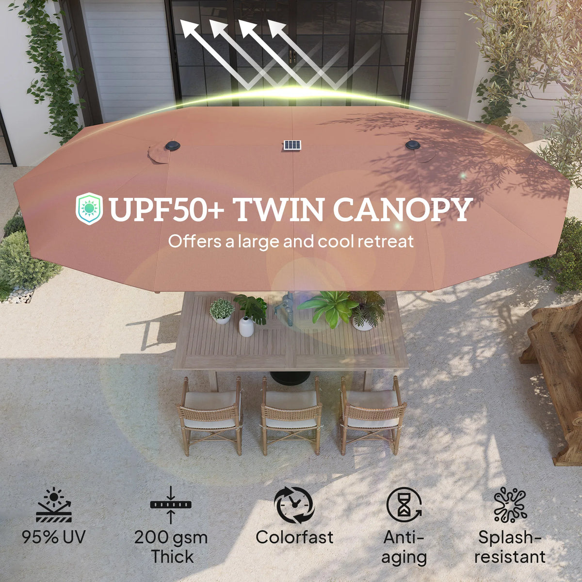 15ft Patio Umbrella with Solar Lights Upf50+ Outdoor Umbrella Tan