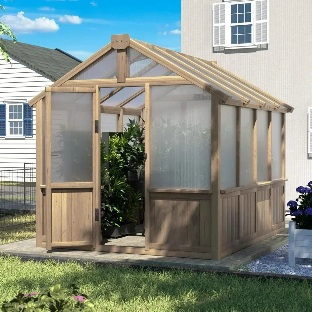 6x8 FT Greenhouse Kit,Adjustable Roof Vent 6MM Thick Polycarbonate Panel Wooden Walk-in Green House with Lockable Door