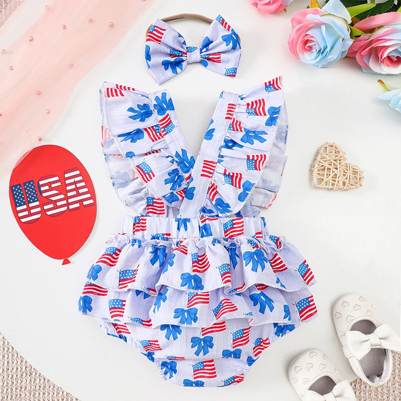 Adorable Toddler Girls American Flag Romper with Bow Detail and Matching Headband Set for Summer Outfits and Photoshoots
