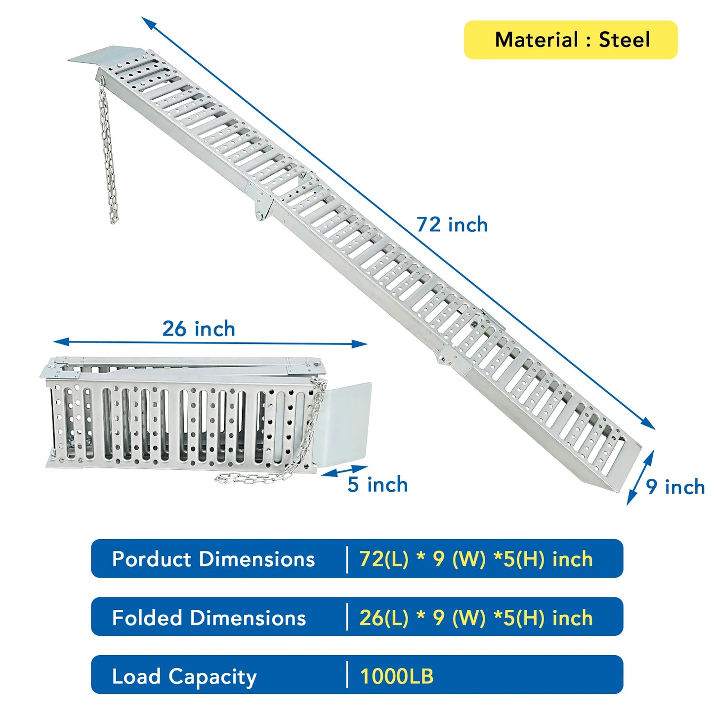 1500Lbs Tri-Fold Loading Ramps, 72" L x 9" W, Heavy Duty Steel Folding Trailers Ramps for ATV/UTV/Motorcycles/Lawn Mowers