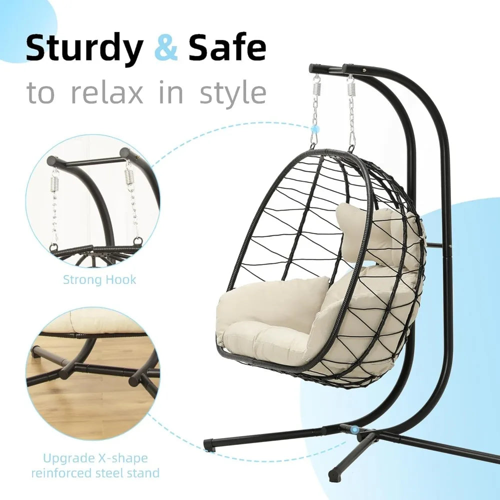 Double Egg Chair wth Stand Hammock Swing Chair Foldable Hanging Loveseat, UV Resistant Removable Cushions, 700LBS Capacity for B