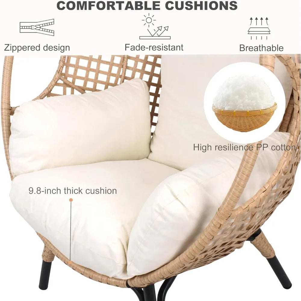 Oversized Wicker Egg Chair Outdoor Indoor Rattan Patio Egg Lounge Chairs with Cushion 500lbs Capacity for Living Room, Balcony,