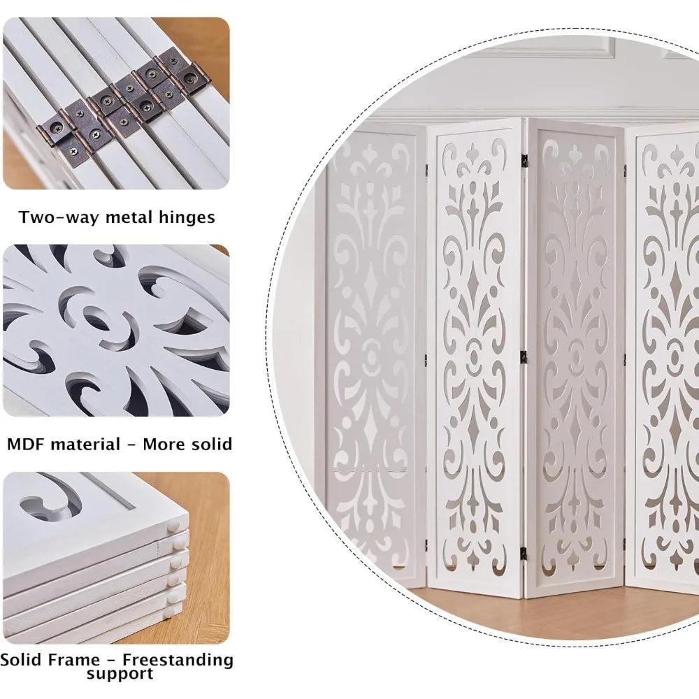 5.6Ft Room Divider Folding Wood Classical Carved Partition Screen for Home Office Garden - 6 Panels (White)