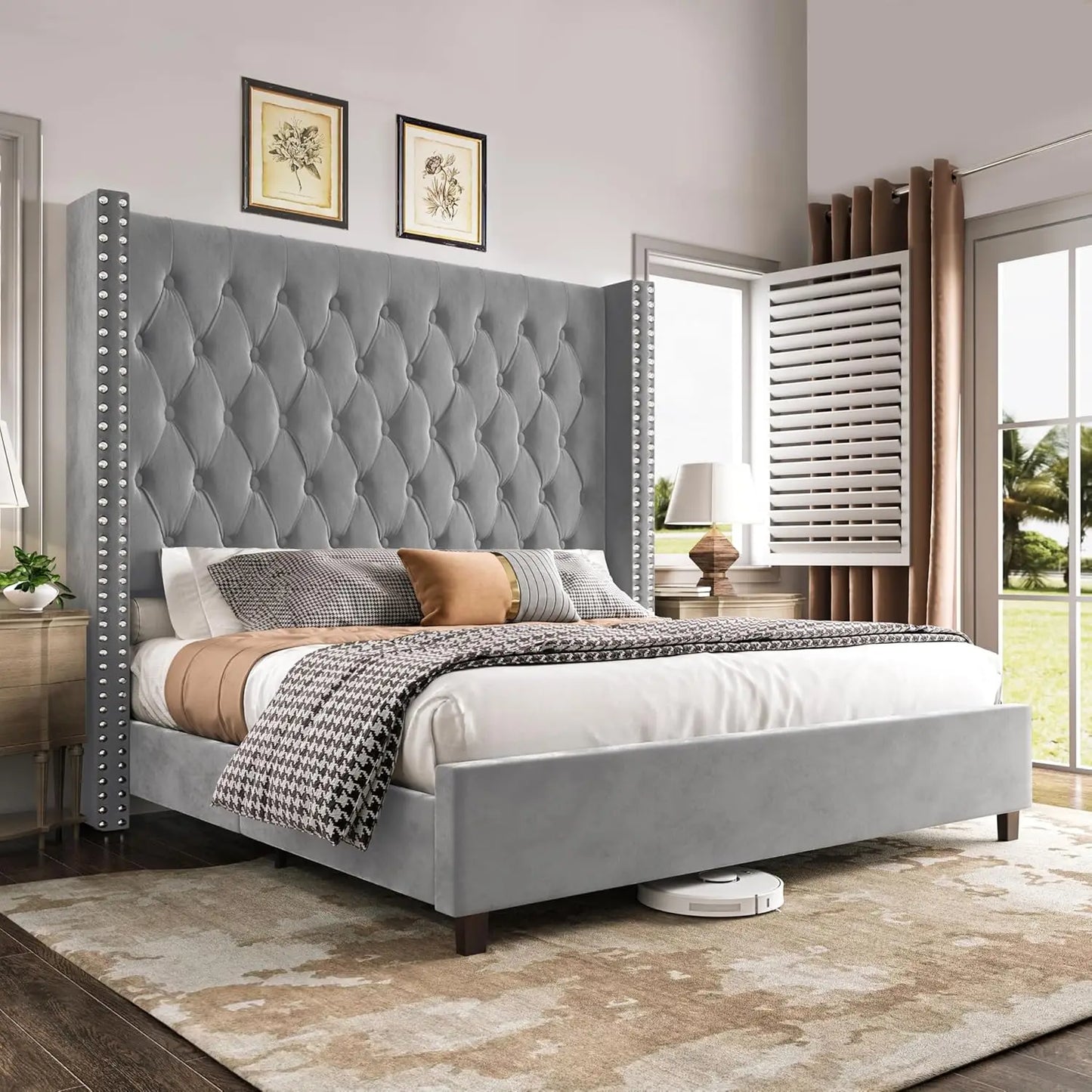 King Size Bed Frame Wingback Velvet Upholstered Platform Deep Button Tufting Solid Wood Legs No Box Spring Black, Customized