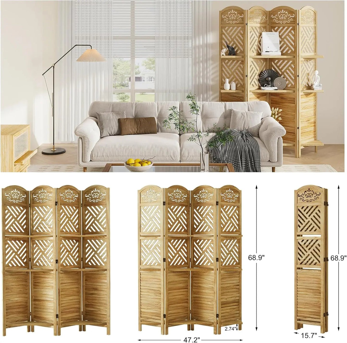 Room Divider with Shelves Folding Wood Carved Screen with Double Hinges for Home Office Bedroom Hotel Decoration 4 Panels