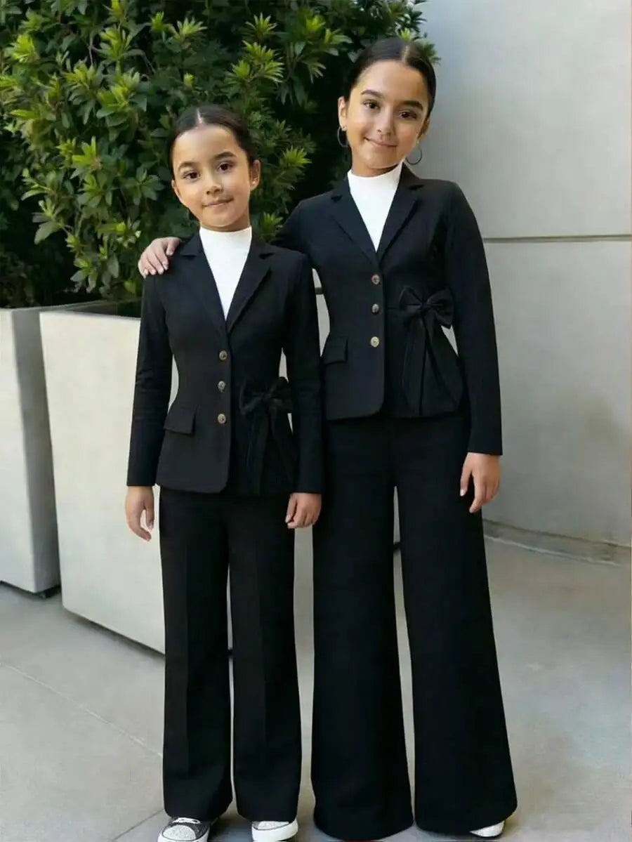 Pink Girls' Single-Breasted Blazer Set with Bow Detail, Wide-Leg Pants for Semi-Formal Occasions