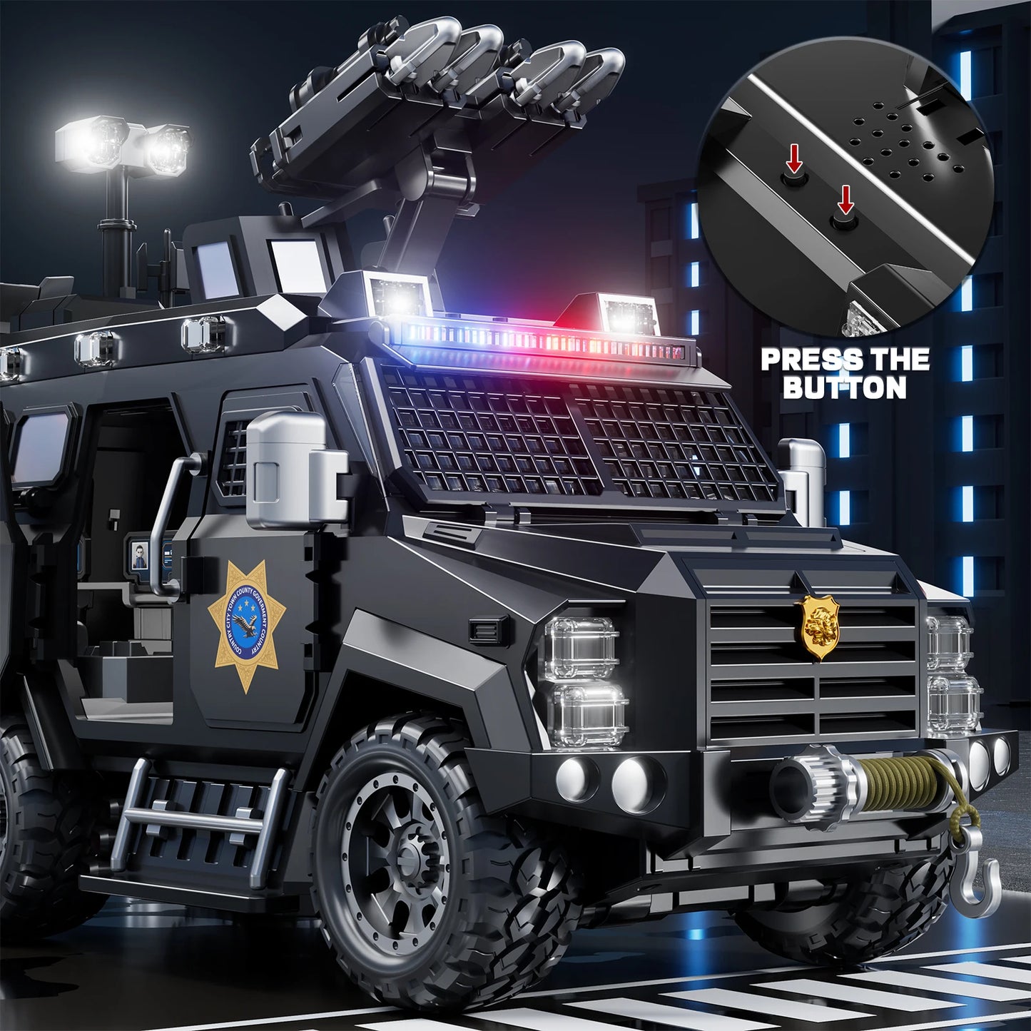 Police Sword Toothed Tiger Explosion Proof Cars Childrens Toys Black Armored Off-Road Vehicles Car Model Sound Light Toys Gifts