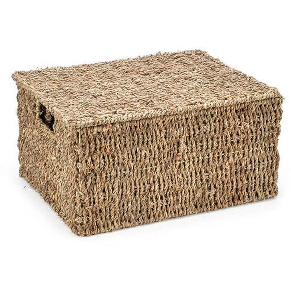 Set of 3 Seagrass Storage Baskets with Lids Decorative Wicker Bins Home Organization with Handles Perfect Storing Clutter