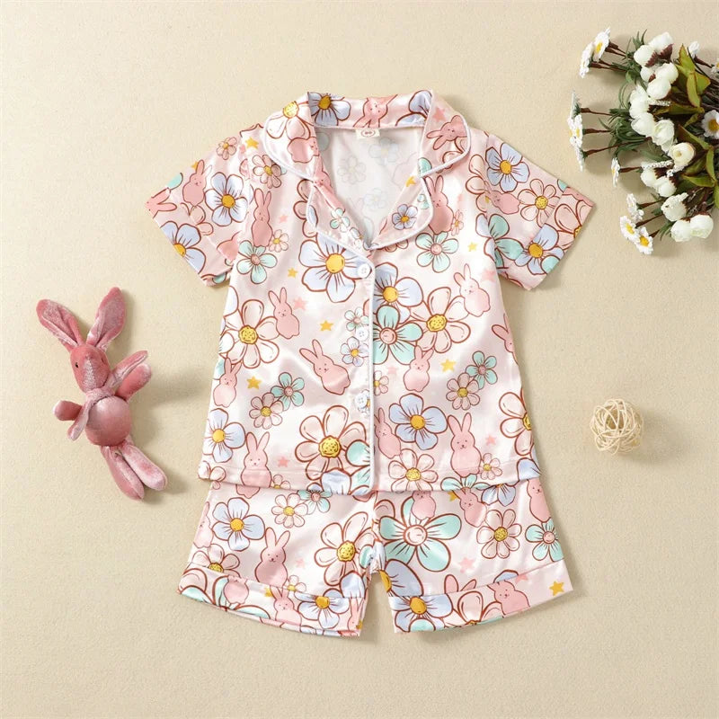 2Pcs Boys Easter Pajamas Set Long Sleeve Striped Print Button Down Shirts and Pants Set Loungewear for Kids