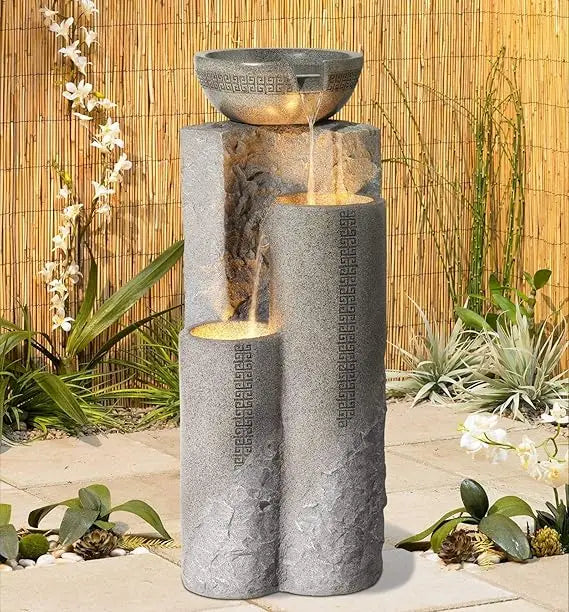 Bowl and Pillar Zen Modern Outdoor Floor Water Fountain 34 1/2" High with LED Light Cascading for Garden Patio Backyard Deck Hom
