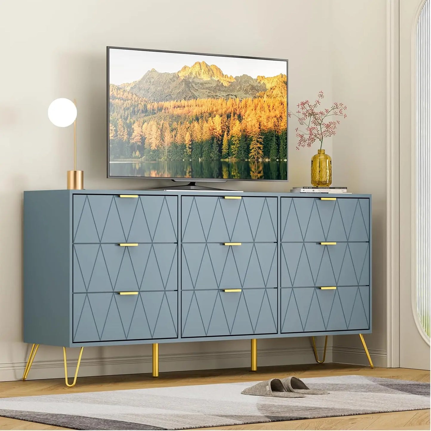 9 Drawer Dresser Navy with Gold Handles for Bedroom, Chest of Drawers & Long Dresser with Deep Drawers, Modern Wood Dressers