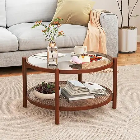 Rattan Coffee Table, Boho Round Glass Tea Table with PE Rattan Storage Shelf & Wood Frame, 2 Tier Accent Center Table for Livin