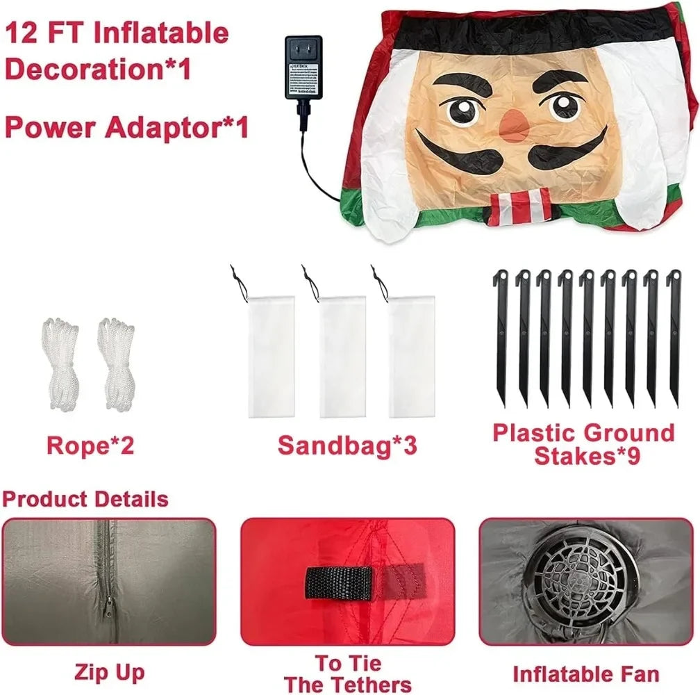 12 Foot Giant Christmas Inflatables Nutcracker Decoration Outdoor Blow Up Candy Cane Christmas Decoration with Build-in LED
