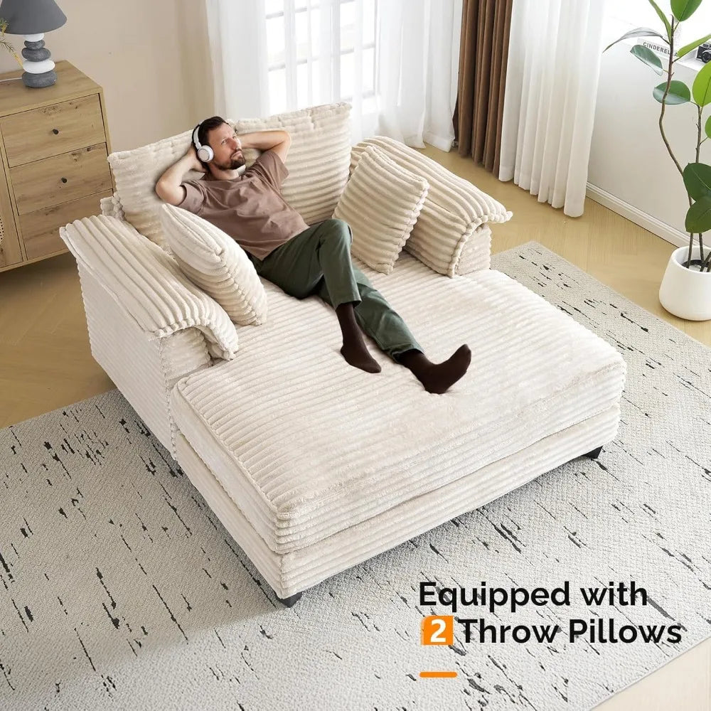 56"Oversized Chaise Lounge Chair,Beige Comfy Corduroy Chaise Sofa Recliner Bed Upholstered Sleeper Couch Bed with Throw Pillows