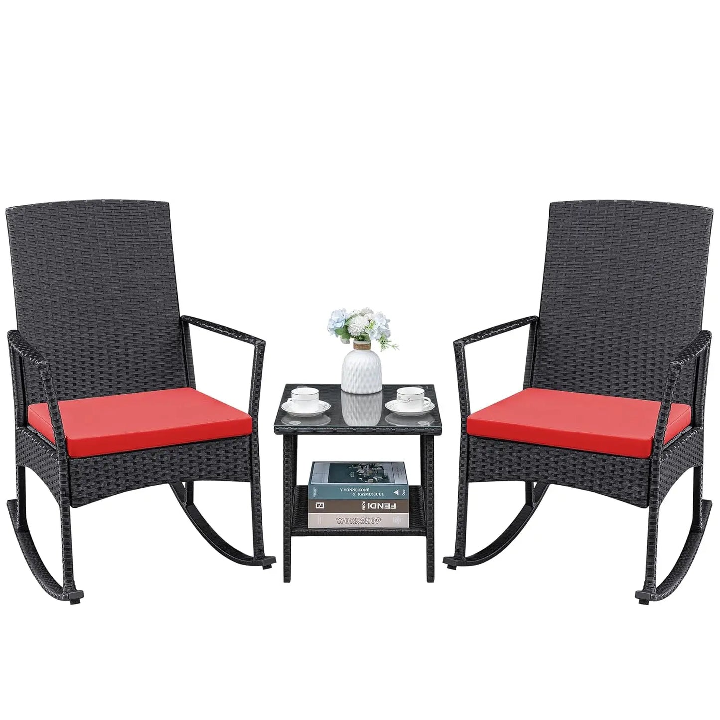 3pc Rattan Rocking Chair Patio Set w Glass Table for Garden Backyard Porch Poolside, Customized