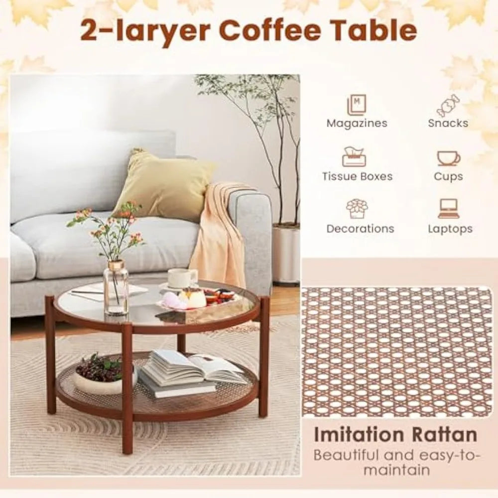 Rattan Coffee Table, Boho Round Glass Tea Table with PE Rattan Storage Shelf & Wood Frame, 2 Tier Accent Center Table for Livin