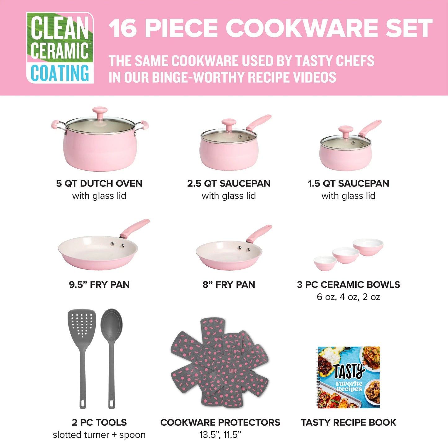 Clean Ceramic 16 Piece Non-Stick Aluminum Cookware Set, Pink