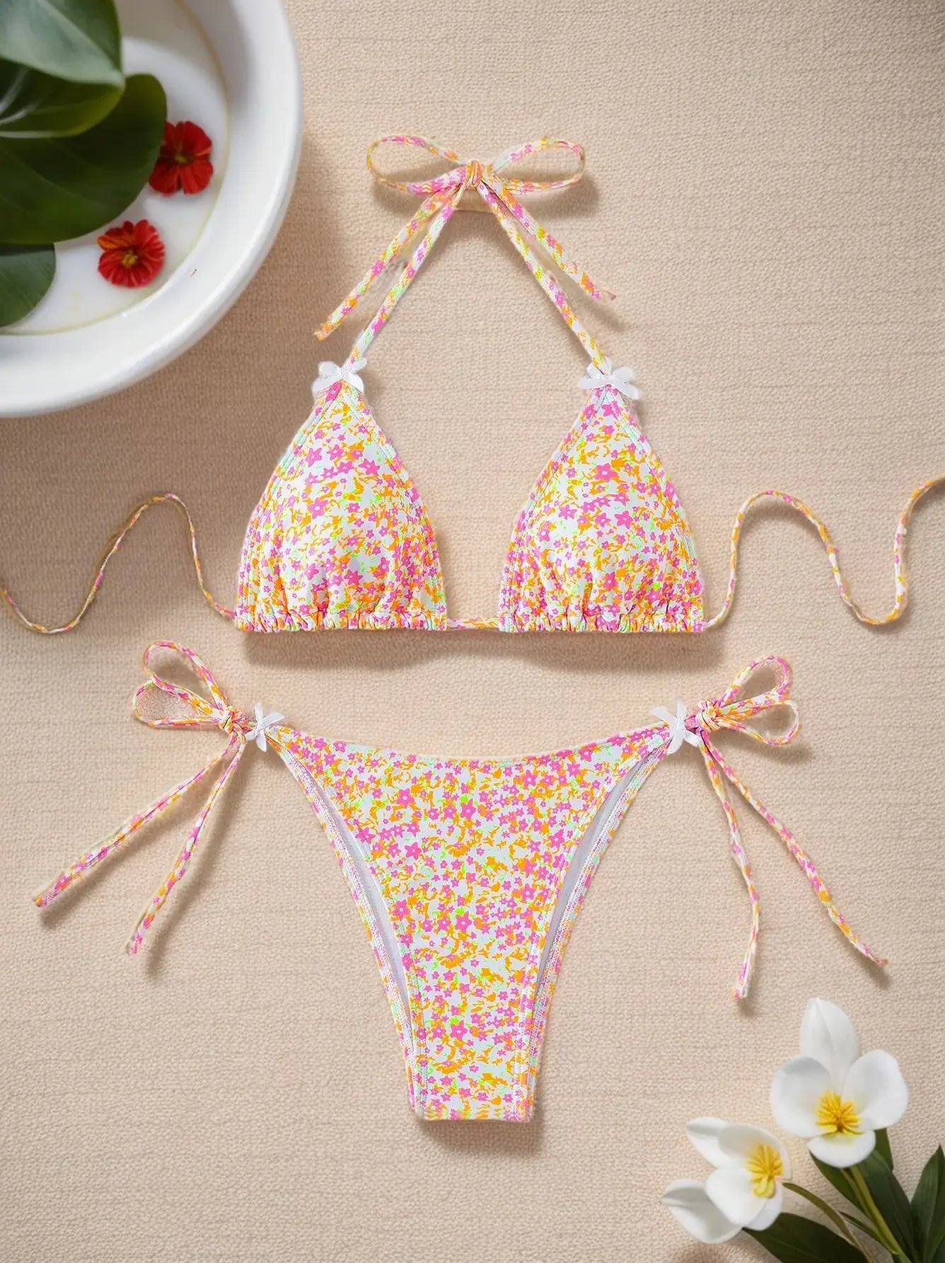 2025 New Summer Swimwear Bikini Set Sexy Print Backless Bikini 2 Piece Set Women Laced Up Split Swimsuit High Waist Beach Bikini