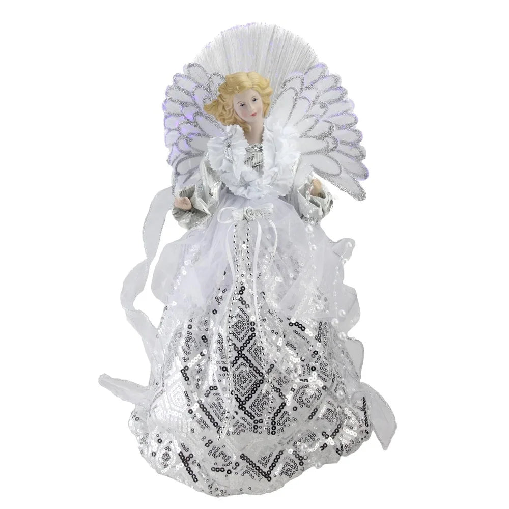 Silver Fur Christmas Tree Topper Angel with Fiber Optic Color Changing Wings Sequin Gown Holiday Decoration 16 Inch