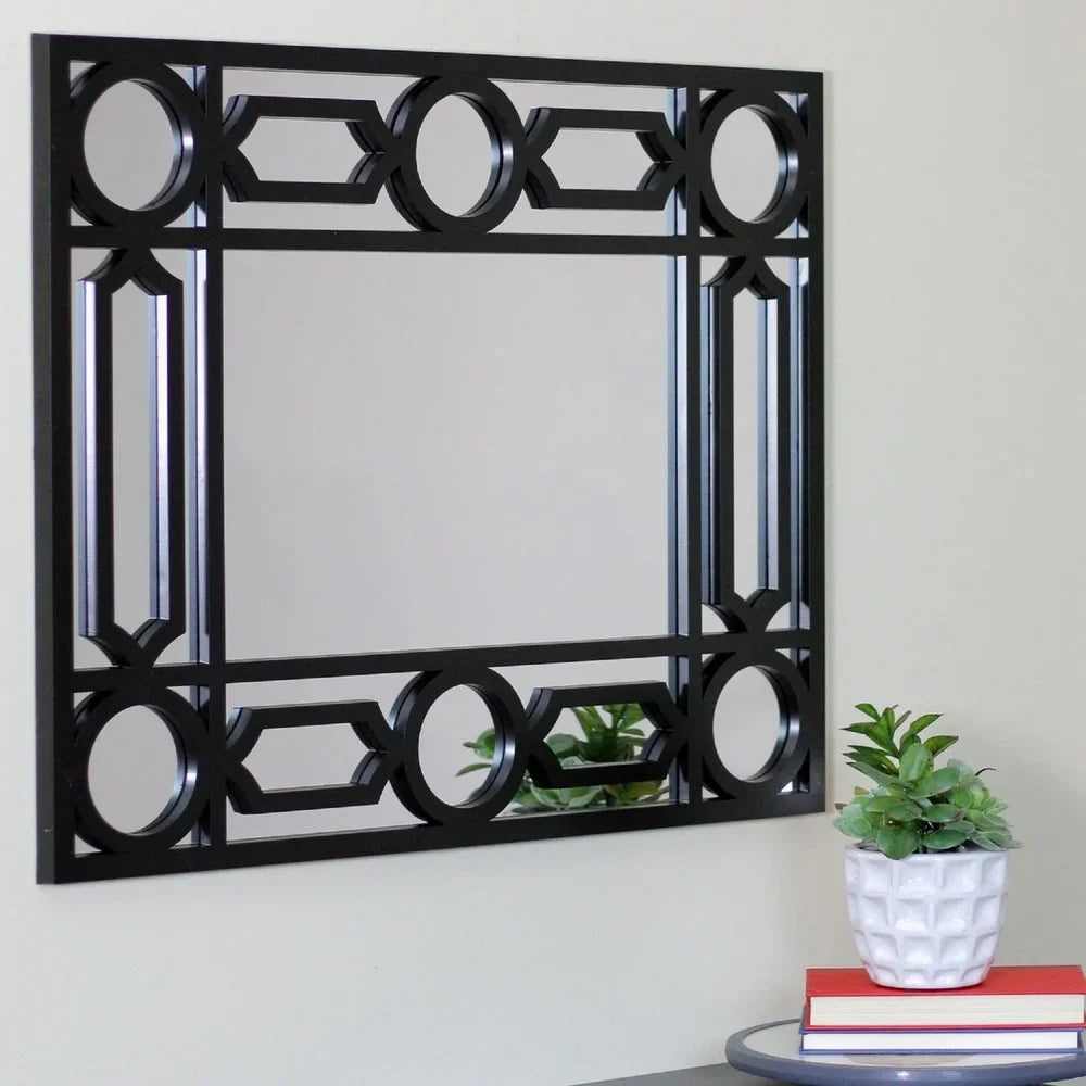 Geometric Black Framed Rectangular Wall Mirror with Hanging Hardware Versatile Display Home Decor and Space Enhancement