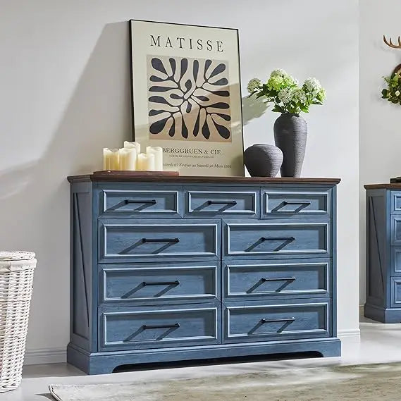 Farmhouse 9 Drawer Dresser for Bedroom, 36 Inch Tall Modern Dresser TV Stand with Large Drawers & Bar Handles, Rustic Wood Chest
