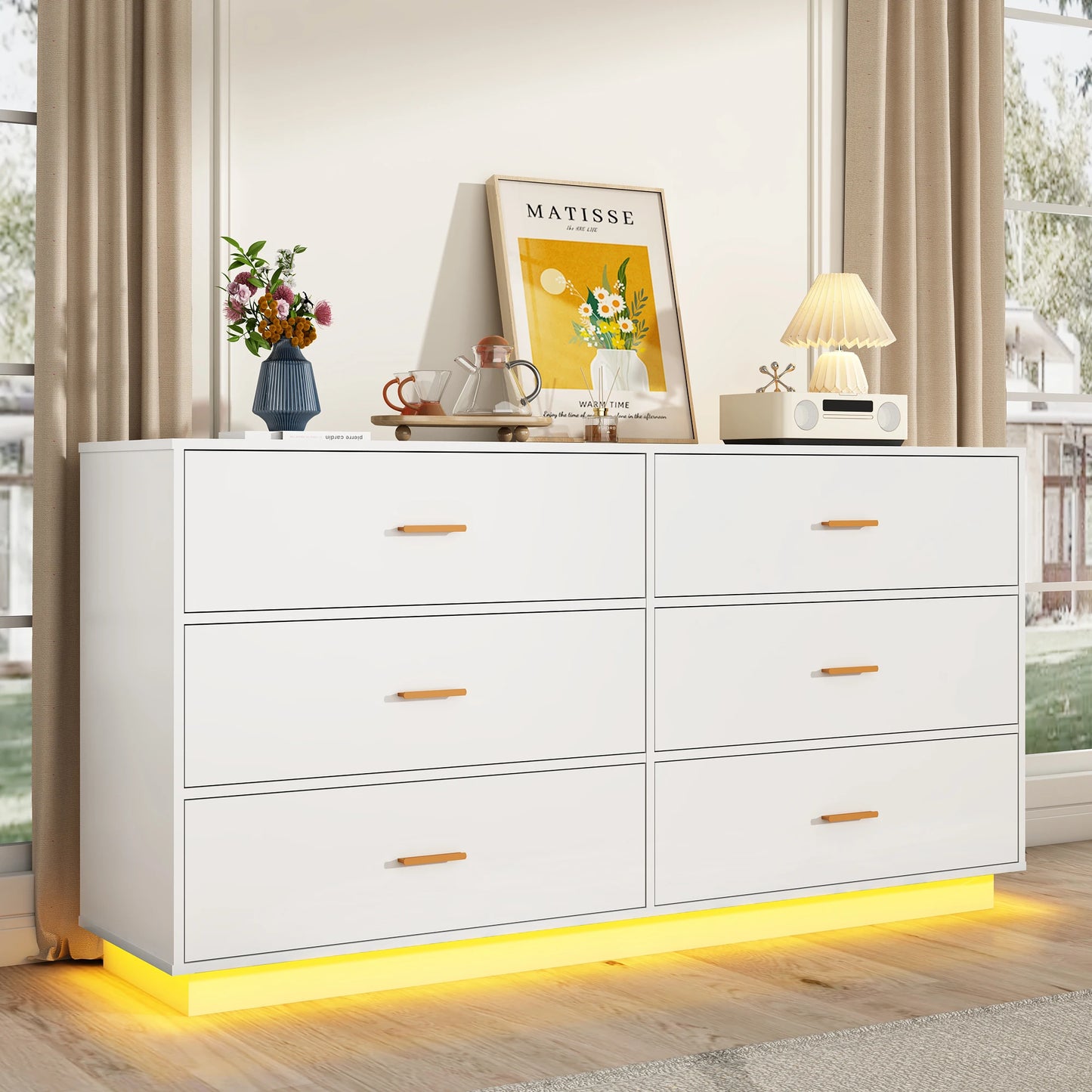 6 Drawers Dresser w/Power Outlet, 59" Long Wooden Dresser Chest, 60000-Colors Lights for Bedroom, Metal Handles of Drawers