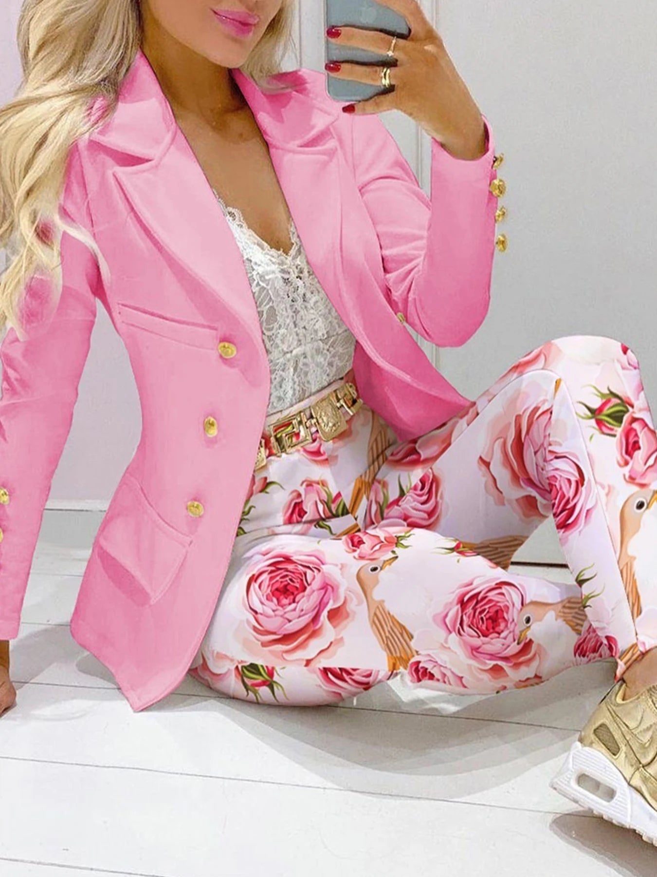Women's Business and Leisure Two-Piece Suit Set, Solid Color Long Sleeved Double Breasted Suit Jacket and Floral Printed High Wa
