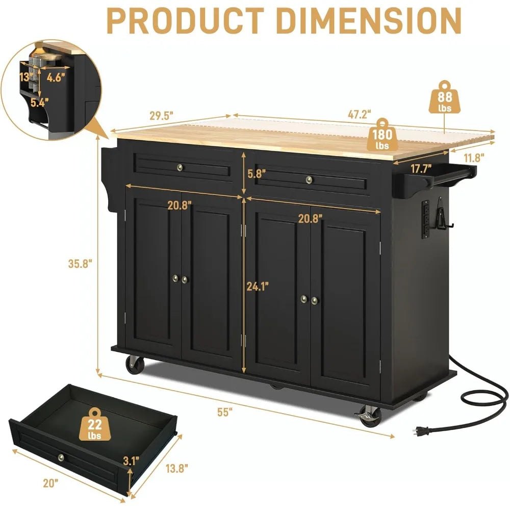 55" Movable Kitchen Island with Drop Leaf and Power Outlet, Rolling Cart with Storage Cabinet, Island Table on Wheels for Kitche