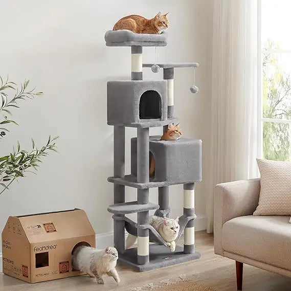 Feandrea Cat Tree, 61-Inch Cat Tower for Indoor Cats, Plush Multi-Level Cat Condo with 5 Scratching Posts, 2 Perches, 2 Caves, H