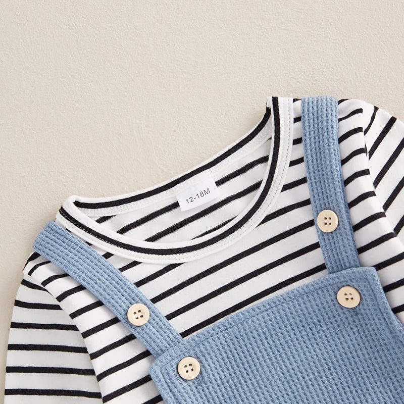 Boys 2-Piece Set Striped Long Sleeve Tee with Suspender Pants Fall Outfit for Kids