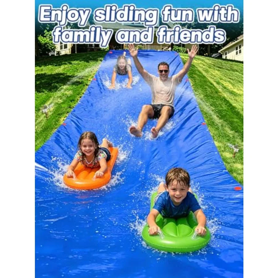 Outdoor backyard water slide for summer use, made of thick durable slick PVC material, blue and yellow color, extra wide design
